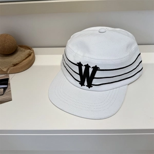 White corduroy flat top military cap featuring gothic W embroidery and black stripes