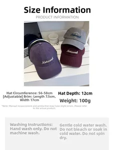 Size chart detail for adjustable baseball cap with 56-58cm circumference and brim dimensions
