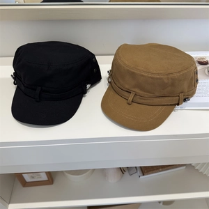 Washed cotton cadet caps in black and khaki with metal button detail and vintage style