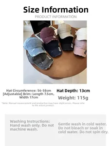 Detailed sizing chart for washed denim baseball caps with adjustable buckle and NEVER embroidery
