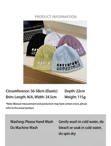 Size chart for knit beanie showing 56-58cm circumference and washing instructions