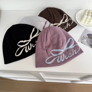 Bonnet en Maille Jacquard Streetwear Américain pour Hommes Femmes Automne Hiver Chaud Nœud Lettre Wish Slouchy Skull Cap