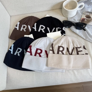 Vintage Letter Jacquard Knit Beanie For Men Women Winter Warm Soft Polyester Ski Cap Harvest Pattern Folded Cuff Hat