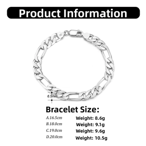 6.5mm Figaro S925 sterling silver chain bracelet with lobster clasp and size chart details
