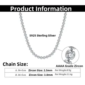Details zur S925 Sterling Silber Tenniskette mit 2,5mm und 3,0mm AAAA Zirkonia Steinen
