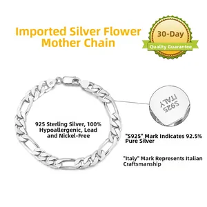 Classic 925 sterling silver Figaro chain bracelet with 6.5mm diamond-cut links for men