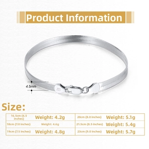 Size chart for 4.5mm S925 sterling silver flat snake chain bracelet with weight details