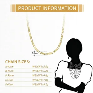 Guide des tailles pour collier Figaro doré 3,3 mm montrant les longueurs de 40 à 60 cm