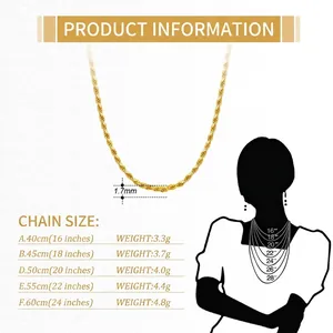 Size chart for 1.7mm S925 sterling silver twist rope chain necklace in multiple lengths