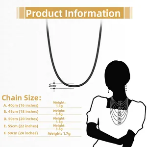 Size chart for 2mm black leather necklace with 925 silver clasp showing various lengths