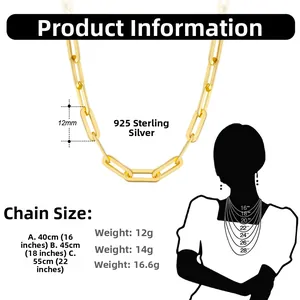 Maattabel voor 925 sterling zilveren paperclip schakelketting met 14K gouden afwerking