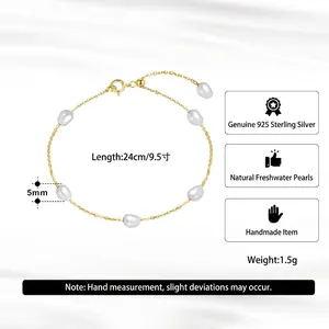 Bracelet fait main en argent S925 avec perles d'eau douce 5mm et chaîne réglable