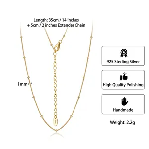 Adjustable 14K gold plated S925 sterling silver bead necklace with 1mm beads and 5cm extension