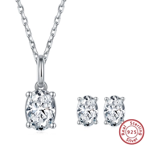 Elegant 925 sterling silver jewelry set featuring oval cut cubic zirconia necklace and studs