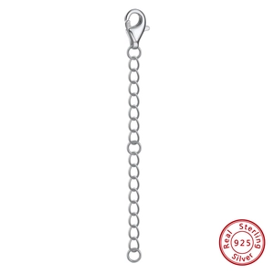 Macro detail of S925 sterling silver extender chain with lobster clasp and 925 stamp