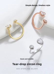 Vista detallada de anillos de circón en forma de gota en oro y plata con sello S925