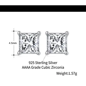 Orecchini a perno classici in argento S925 con zircone AAAA taglio princess da 4,5 mm