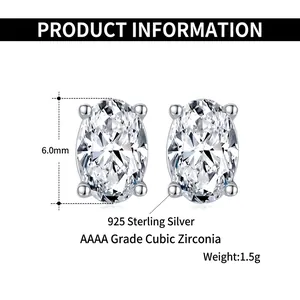 Classic S925 sterling silver oval zircon stud earrings with four-prong 6mm setting