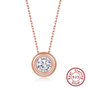 Detailed close-up of rose gold S925 sterling silver necklace with sparkling round gemstone