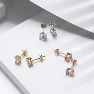 Classic 925 sterling silver four-prong stud earrings set in silver, gold, and rose gold