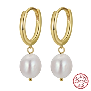 Elegant 925 sterling silver hoop earrings with natural white baroque pearls