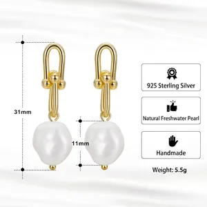 925 Sterling Silver U-link earrings with natural baroque pearls in gold finish