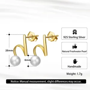 925 sterling silver gold-plated spiral earrings with natural white baroque pearls