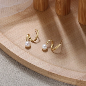 Gold Plated Spiral Wave S-Shape Earrings With 925 Sterling Silver Earring Post And Round Natural Baroque Pearl For Women