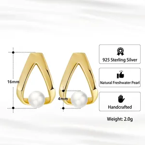 925 sterling silver geometric triangle earrings with natural freshwater pearls 16mm