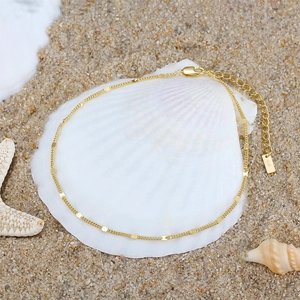 Minimalist S925 sterling silver gold anklet with polished rectangle charms on a seashell