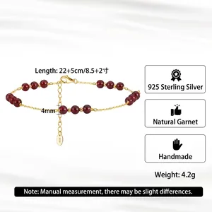 Bracelet de cheville en argent 925 doré avec perles de grenat 4mm et chaîne de 22+5cm