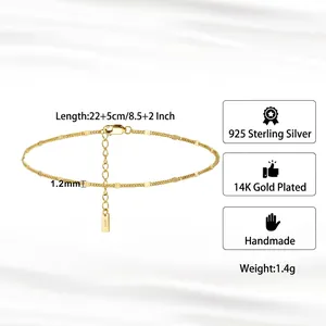 S925 sterling silver 1.2mm spacer chain anklet with 14K gold plating and 5cm adjuster