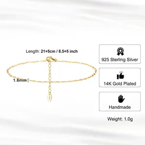 925 sterling silver 14K gold plated 1.6mm lip chain anklet with 5cm extension