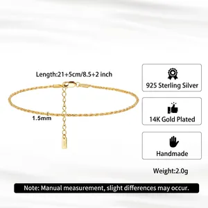 S925 sterling silver 1.5mm twisted rope chain anklet with 14K gold plating and lobster clasp
