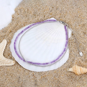 Double-layer S925 silver anklet with 2mm natural purple spinel beads on a seashell