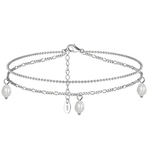 925 Sterling Silver Double Layer Freshwater Pearl Anklet Minimalist Geometric Bead Chain For Women Beach Vacation Wedding Jewelry