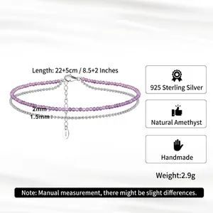 S925 sterling silver double layer anklet with natural purple spinel and bead chain