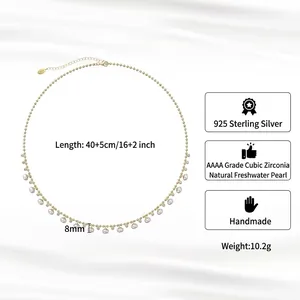Collier en argent 925 avec perle d'eau douce naturelle de 8mm et pendentif en zircon
