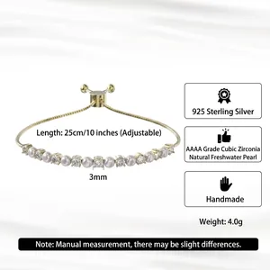Elegant s925 silver adjustable bracelet with freshwater pearls and 3mm cubic zirconia