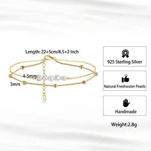925 sterling silver double-layer anklet with natural 5mm pearls and golden beads
