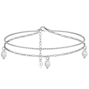 Elegant S925 sterling silver double layer anklet featuring three white pearls on chains