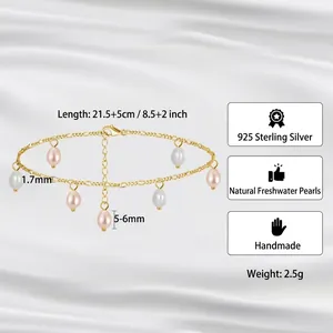 Handmade S925 sterling silver anklet with 3.5-4mm natural freshwater pearls in gold