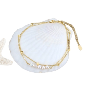 Double-layer S925 sterling silver pearl anklet on a seashell with starfish decor