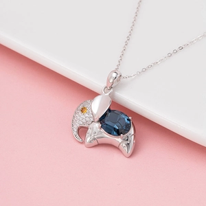 925 Sterling Silver Elephant Pendant Necklace With Blue Crystal And Rhinestone Accents Lucky Animal Charm Necklace For Women