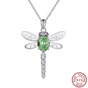 S925 sterling silver dragonfly necklace featuring green crystal and red gemstone accents