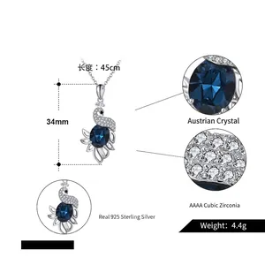 Peacock pendant necklace with blue Austrian crystal and cubic zirconia in S925 silver