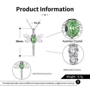 S925 silver dragonfly pendant necklace with green Austrian crystal and cubic zirconia