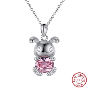 Detailed close-up of 925 sterling silver rabbit pendant with pink crystal and tiny gems