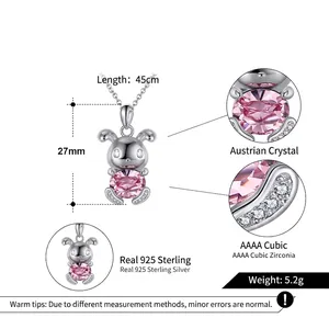 Cute pink crystal rabbit pendant necklace in S925 sterling silver with sparkling accents