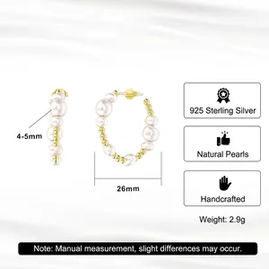 Handmade 925 sterling silver hoop earrings with 4-5mm freshwater baroque pearls and gold beads